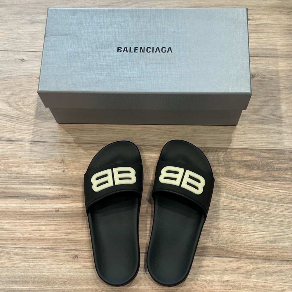 Balenciaga Pool Slides with Glow in the Dark Logo